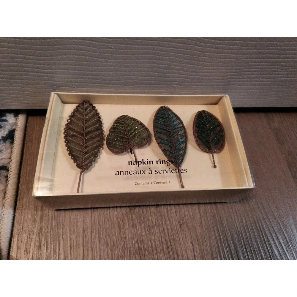 Pier One Imports Napkin Rings Beaded Leaves New, Box Set of 4
